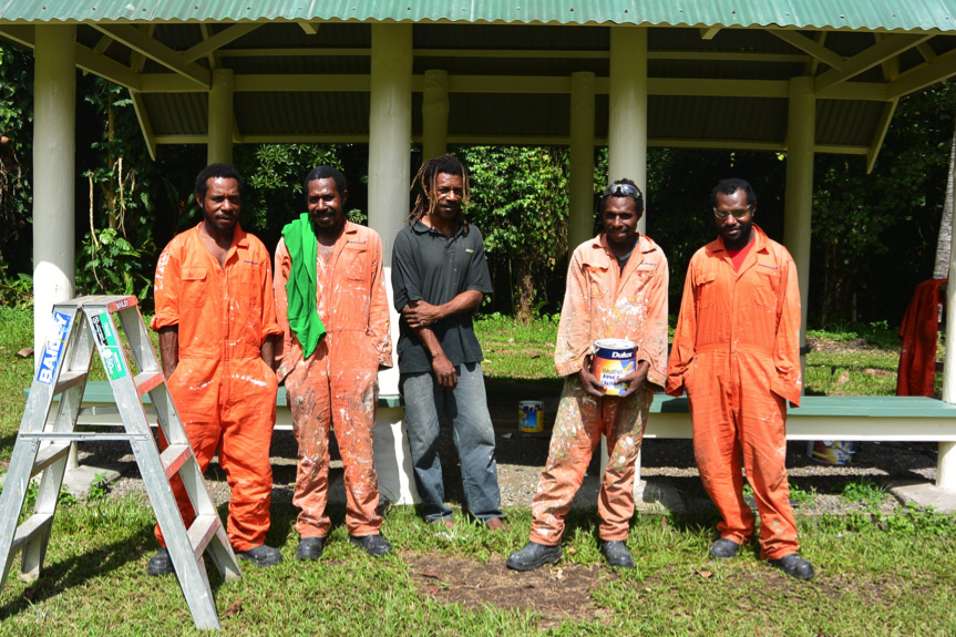 Above: The Dulux team of painters hard at work re-painting a picnic shelter in the gardens. From L-R: Moses Simon, Felix Jack, Mallie Sete, John Micky and Jerry Daniel 